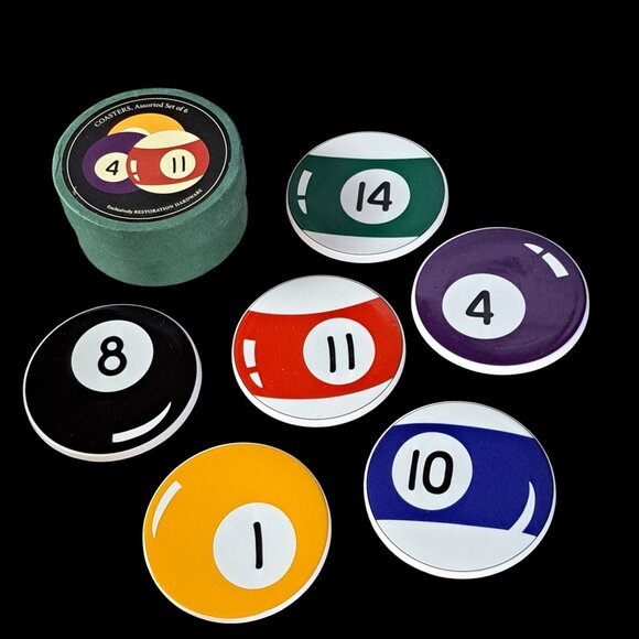 RESTORATION HARDWARE Billiard Ball Pool Porcelain/Cork Coaster Box Set of 6 - Picture 1 of 16